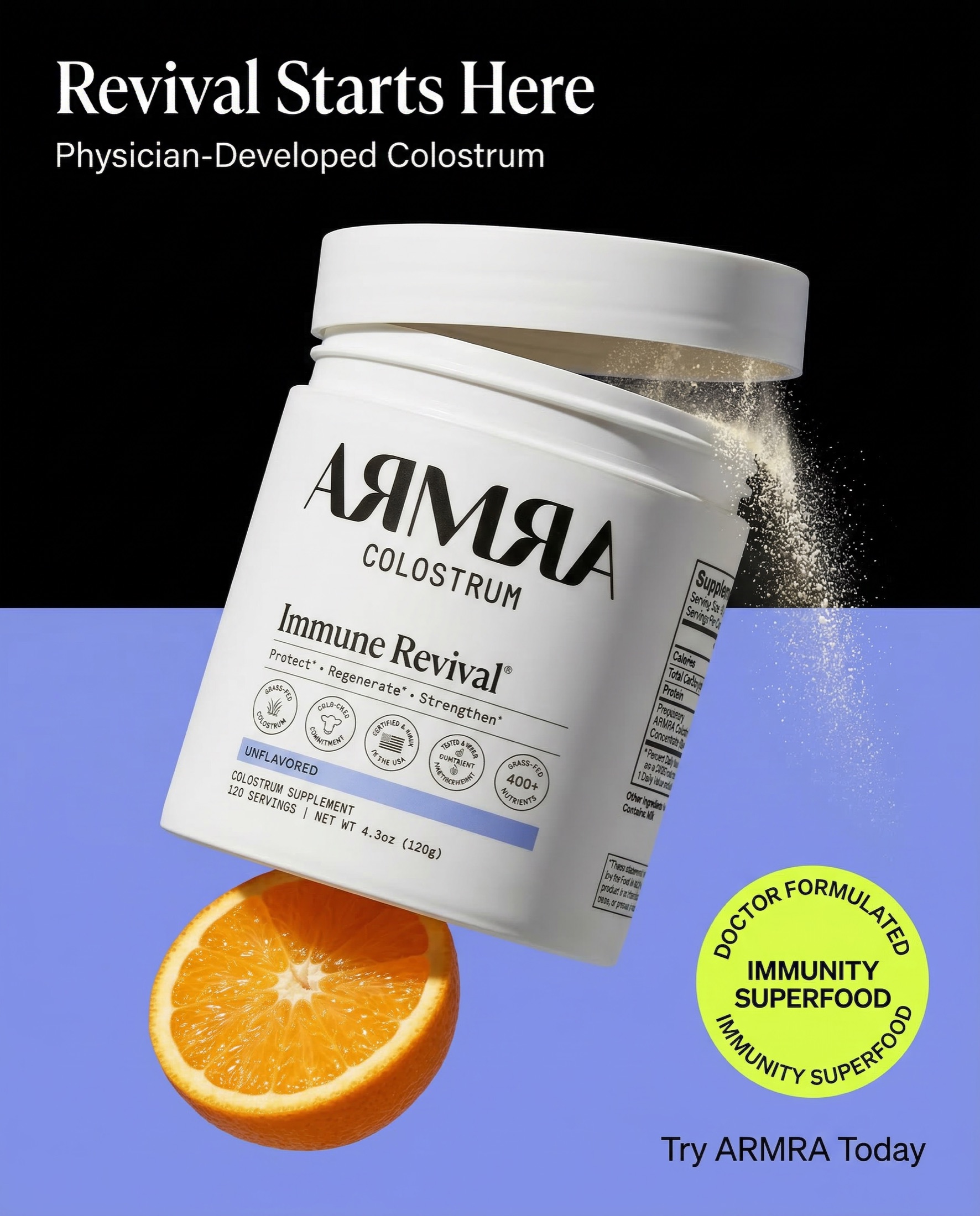 Armra colostrum supplement static ad creative — 'Revival Starts Here'