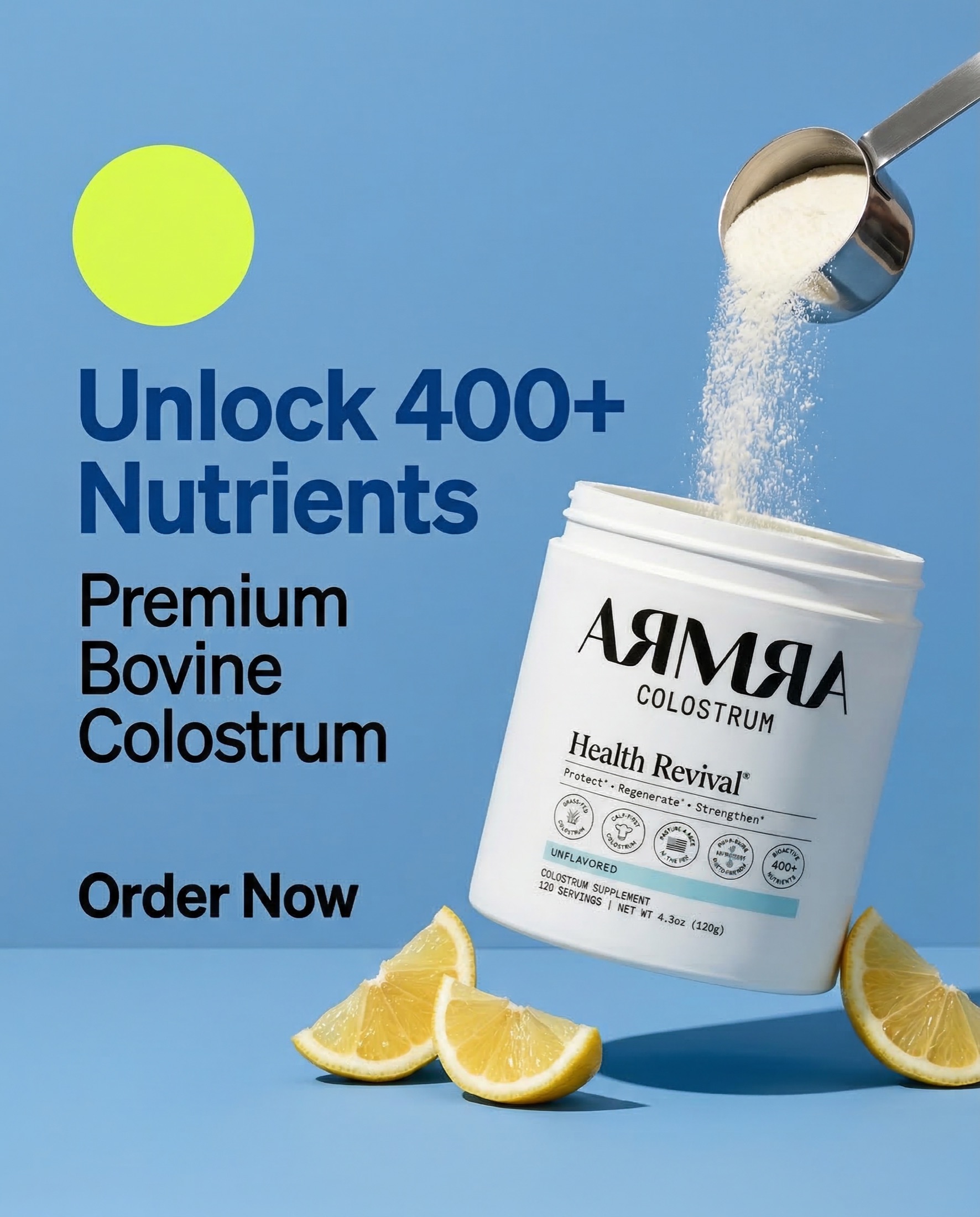 Armra colostrum supplement ad creative — 'Unlock 400+ Nutrients'