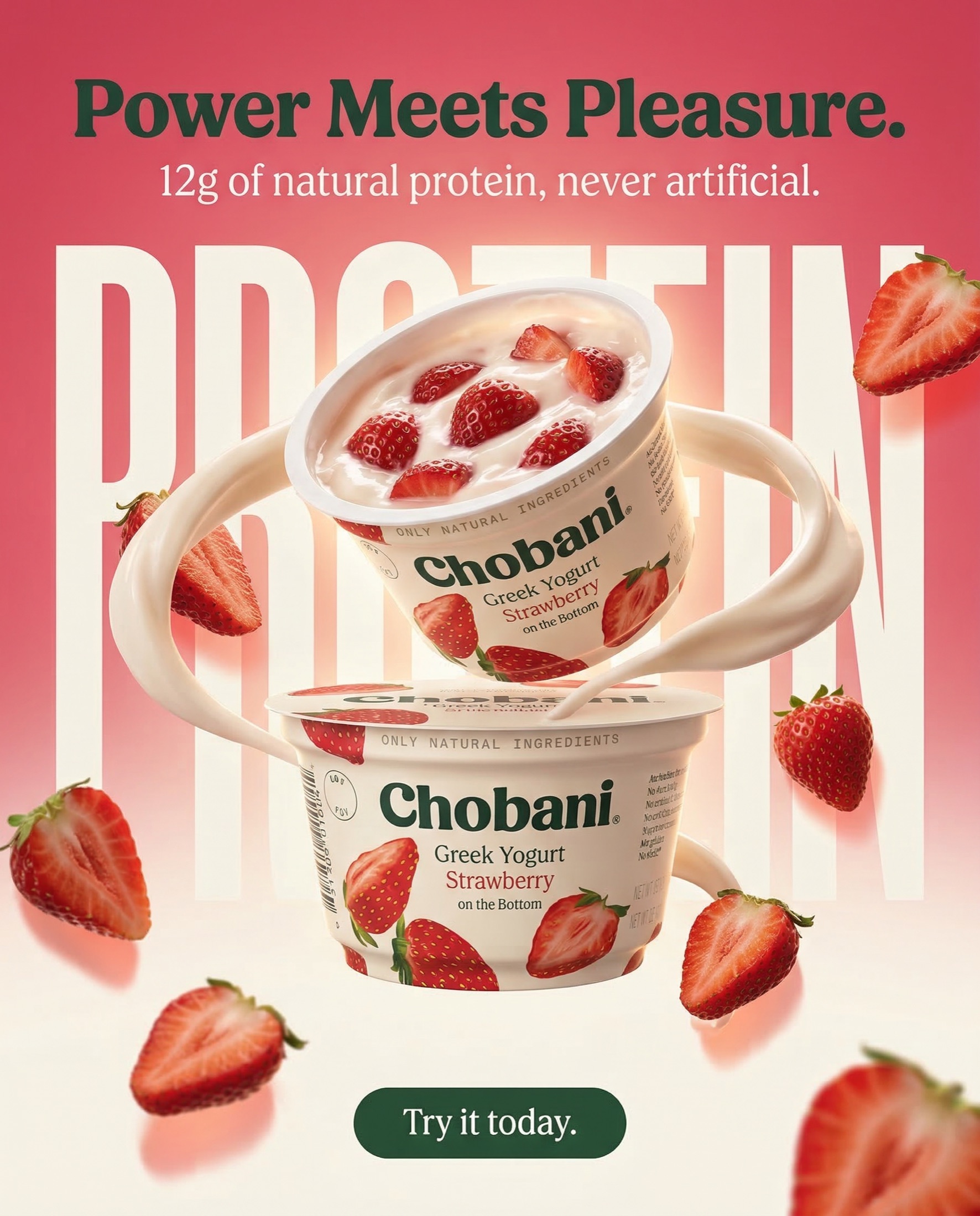 Chobani strawberry Greek yogurt static ad creative — 'Power Meets Pleasure'