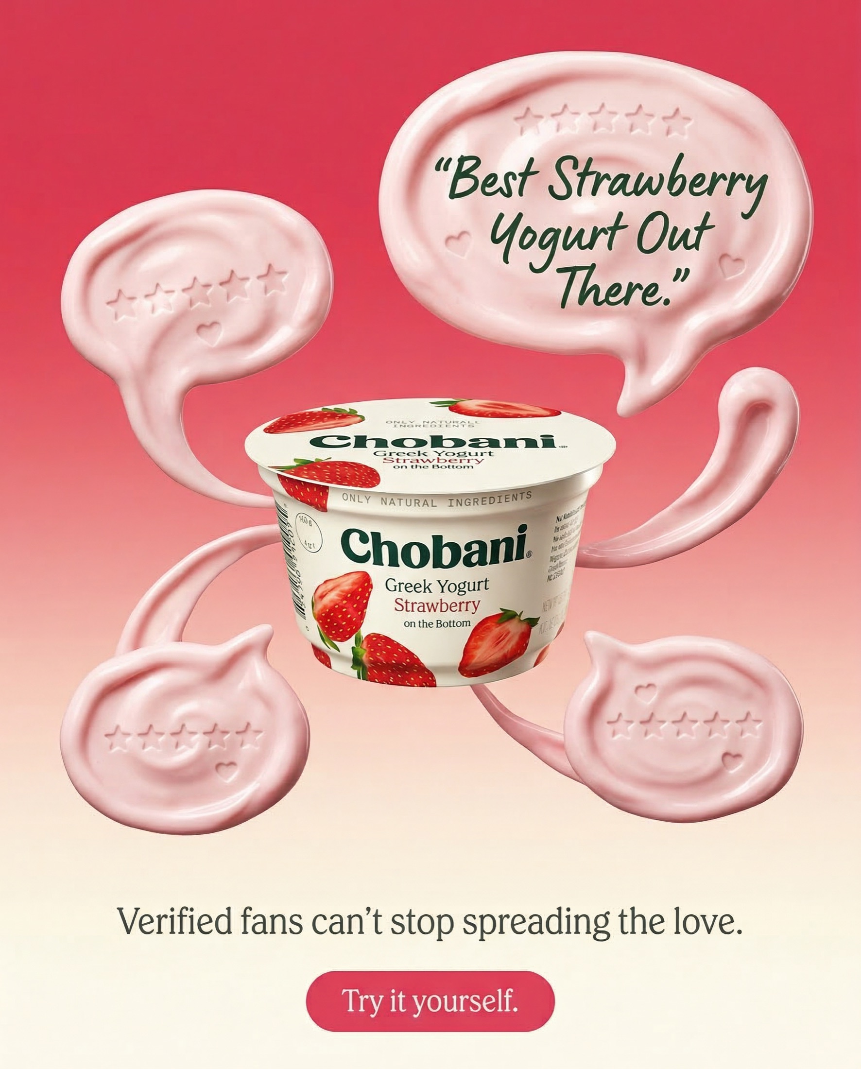 Chobani strawberry yogurt ad creative — testimonial 'Best Strawberry Yogurt Out There'