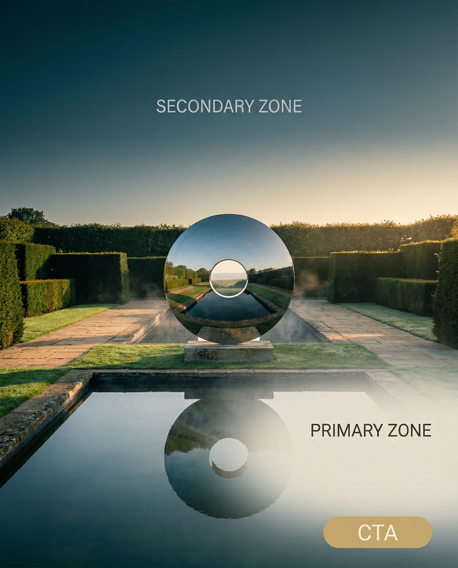 David Harber Torus in formal garden with reflecting pool