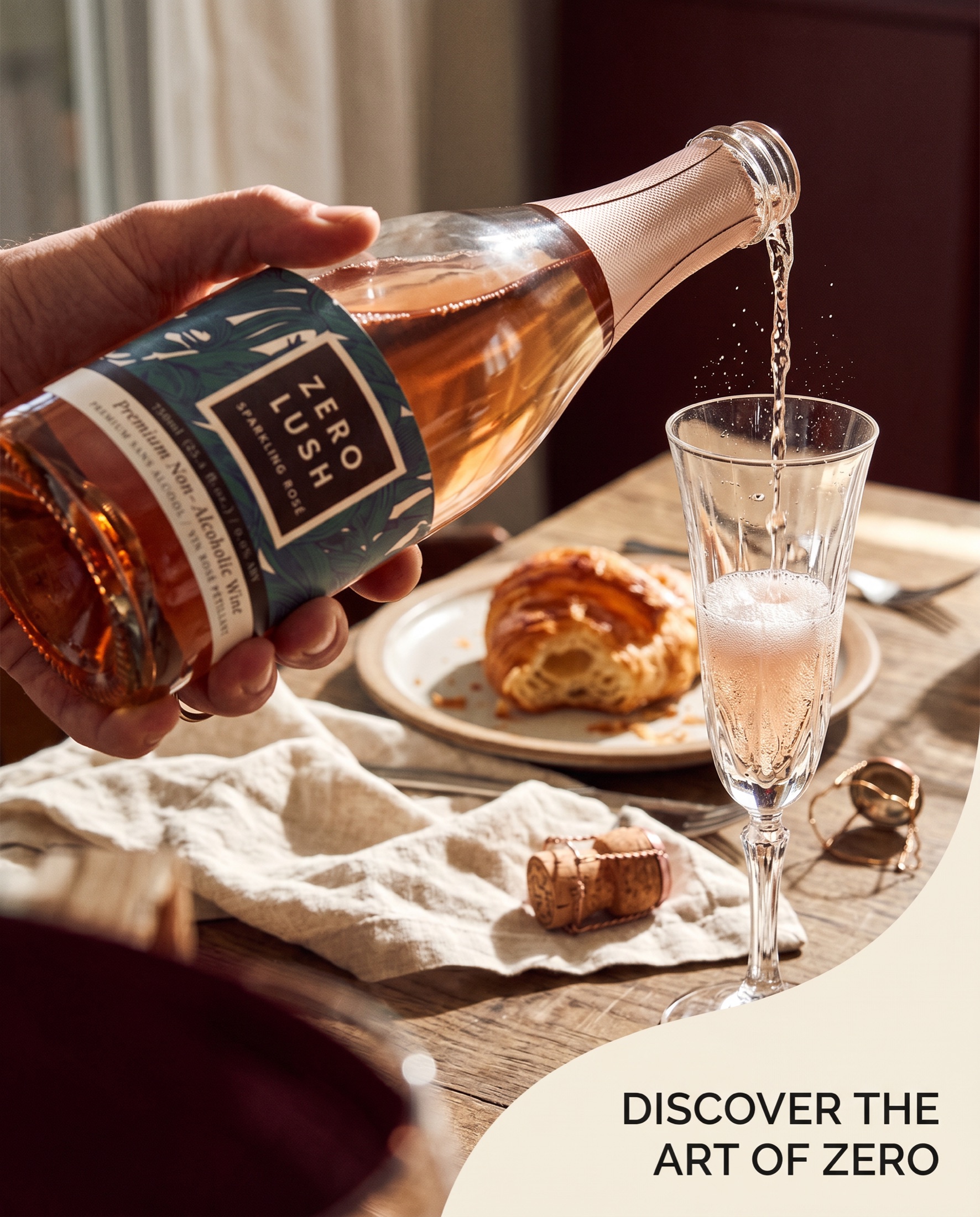 Zerolush sparkling being poured at a candlelit table — 'Discover the Art of Zero'