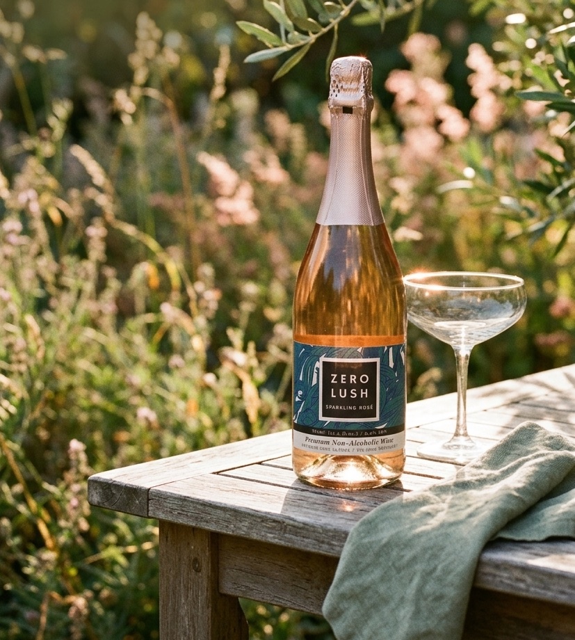 Zerolush sparkling rosé bottle styled in a sunlit garden